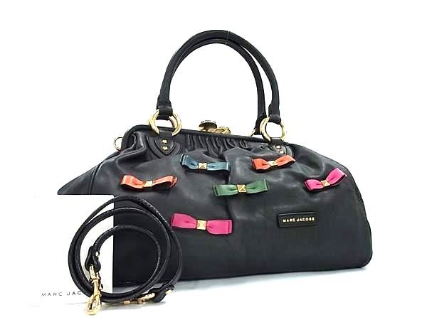 1円■美品■ MARC JACOBS マークジェイコブス レザー がま口 リボン 2WAY ハンドバッグ トート ショルダー 肩掛け ブラック系 FS5653拍卖