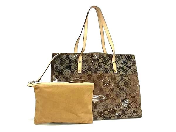 1円 Salvatore Ferragamo フェラガモ ガンチーニ柄 ビニール×レザー ポーチ付き ショルダー トート ハンドバッグ ブラウン系 FS5494拍卖