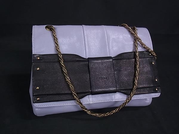 1円 Chloe クロエ ジューン レザー チェーン ショルダーバッグ ハンドバッグ 肩掛け ライトブルー系×ブラック系 FS5497拍卖