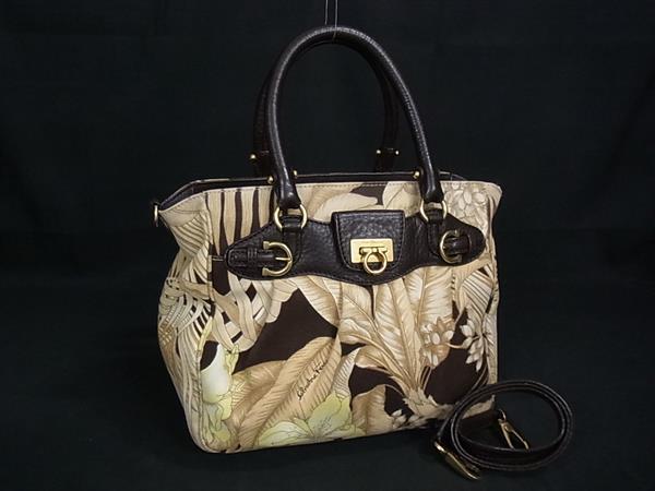 1円 ■美品■ Salvatore Ferragamo フェラガモ AB-21 7421 ガンチーニ キャンバス 2WAY ハンドバッグ ショルダー ブラウン系 FS5535拍卖