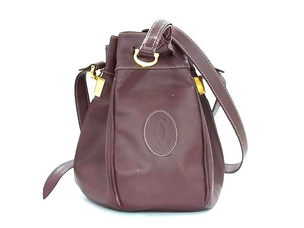 1円 Cartier カルティエ マストライン レザー 巾着型 クロスボディ ショルダーバッグ 肩掛け 斜め掛け レディース ボルドー系 FS5520拍卖