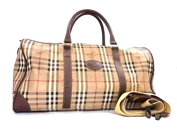 1円 Burberrys バーバリーズ ノバチェック PVC×レザー 2WAY ショルダー ハンドバッグ ボストンバッグ 肩掛けかばん ブラウン系 FS5544拍卖