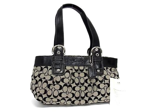 1円 ■美品■ COACH コーチ F13742 シグネチャー ソーホープリーテッド キャンバス ショルダー トートバッグ 肩掛け ブラック系 BQ2142拍卖