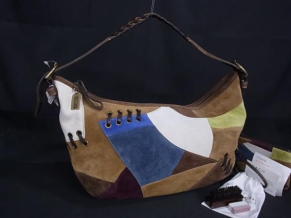 1円 ■美品■ COACH コーチ 9587 スエード×レザー パッチワーク ポーチ付き ショルダーバッグ 肩掛け ブラウン系×マルチカラー BM9752拍卖