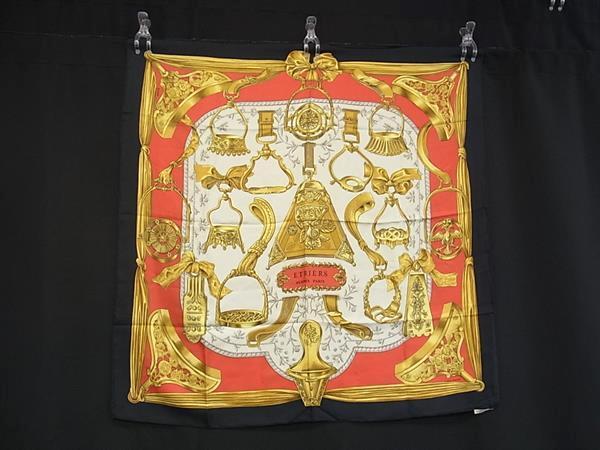 1円 HERMES エルメス ETRIERS【鎧】カレ90 シルク100% 大判 スカーフ ストール ショール レディース レッド系×マルチカラー GB2289拍卖