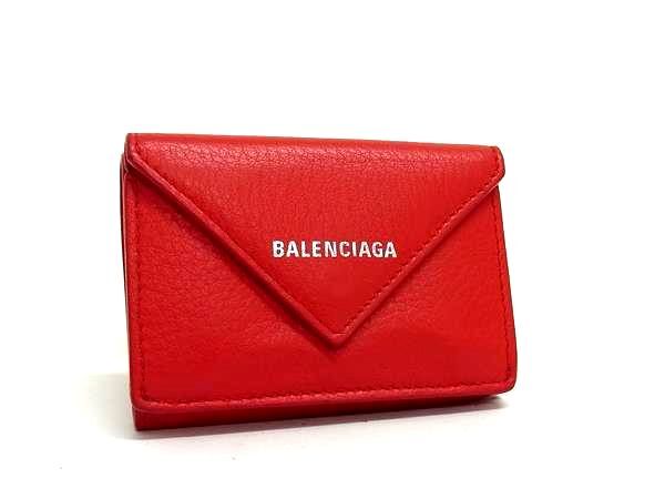 1円 ■美品■ BALENCIAGA バレンシアガ 391446 ペーパーミニ レザー 三つ折り 財布 ウォレット 小銭入れ 札入れ メンズ レッド系 FV3602拍卖