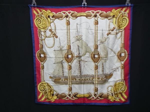 1円 ■美品■ HERMES エルメス Tribord 【帆船】 カレ90 シルク100% 大判 スカーフ ストール ショール ベージュ系×マルチカラー FU3097拍卖