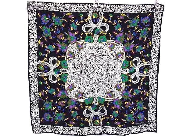 1円 ■美品■ GIANNI VERSACE ジャンニ ヴェルサーチ シルク100% 総柄 大判 スカーフ ストール ショール ブラック系×マルチカラー FU3527拍卖