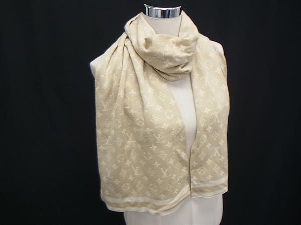 1円 LOUIS VUITTON ルイヴィトン モノグラム カシミヤ×シルク マフラー ストール ショール 防寒具 レディース メンズ ベージュ系 FL5183拍卖