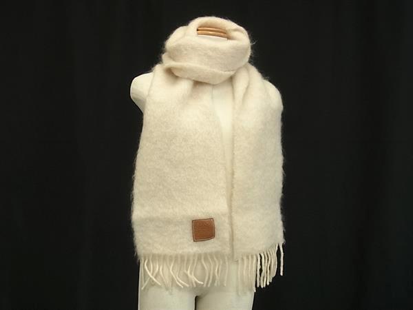1円 ■美品■ LOEWE ロエベ アナグラム モヘヤ50%×ウール48%×ナイロン2% フリンジ マフラー ストール アイボリー系 FI8630拍卖
