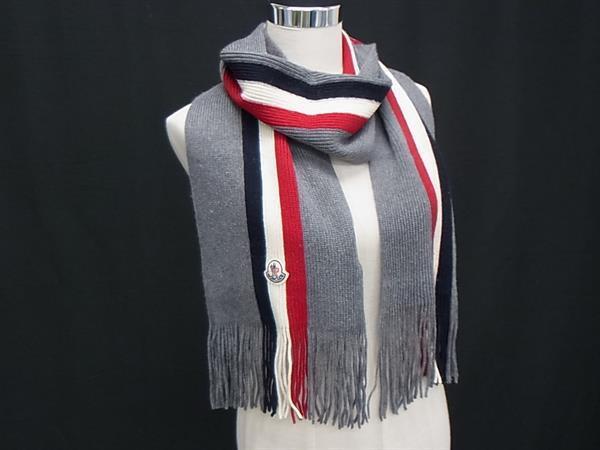 1円 ■美品■ MONCLER モンクレール フリンジ マフラー 防寒具 メンズ レディース グレー系×マルチカラー FI8690拍卖