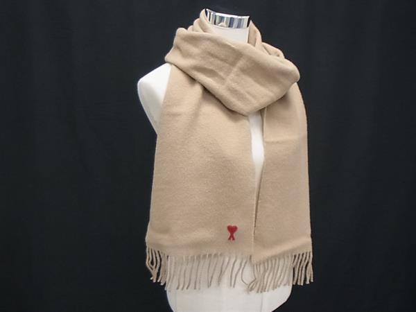 1円 ■美品■ AMI PARIS アミパリス ウール100% フリンジ マフラー 防寒具 レディース メンズ ベージュ系 FM4330拍卖