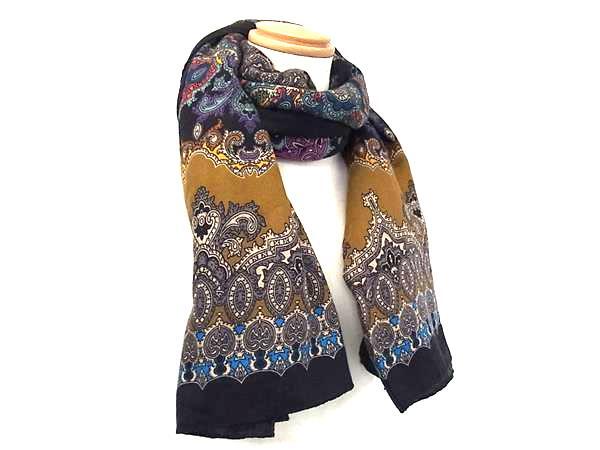 1円 ■美品■ ETRO エトロ カシミヤ✕シルク 大判 総柄 マフラー スカーフ ストール ショール 防寒具 ブラック系 BJ9196拍卖