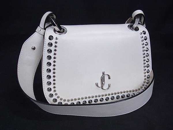 1円 JIMMY CHOO ジミーチュウ スパイクスタッズ レザー クロスボディ ショルダーバッグ 肩掛け レディース ホワイト系 FR2067拍卖