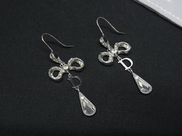 1円 ChristianDior クリスチャンディオール ラインストーン リボン ピアス アクセサリー レディース シルバー系 FR5656拍卖