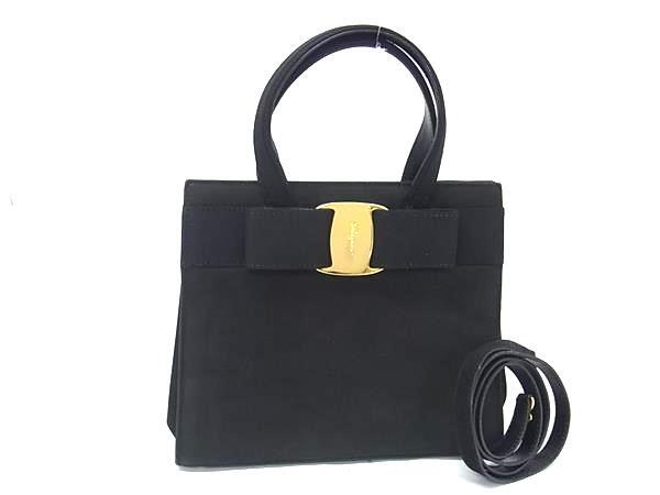 1円■美品■ Salvatore Ferragamo フェラガモ BA214178 ヴァラリボン ヌバック 2WAY ハンドバッグ トート ショルダー ブラック系 GB2590拍卖