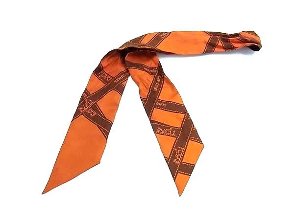 1円 ■美品■ HERMES エルメス ボルデュック ツイリー シルク100% リボンスカーフ レディース オレンジ系×ブラウン系 FU5584拍卖