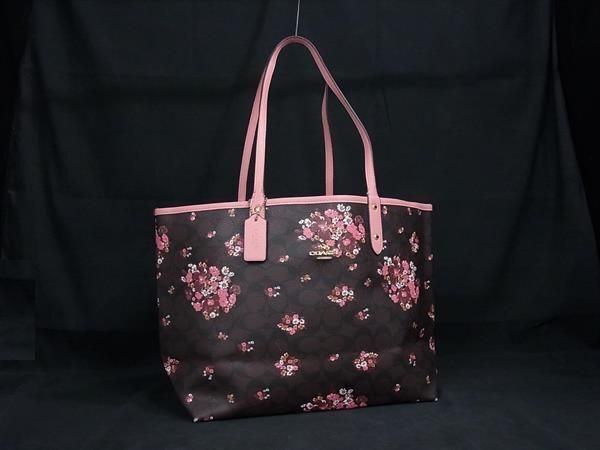 1円 ■美品■ COACH コーチ シグネチャー PVC リバーシブル フラワー 花柄 ショルダー トートバッグ 肩掛け ブラウン系×ピンク系 FV3392拍卖