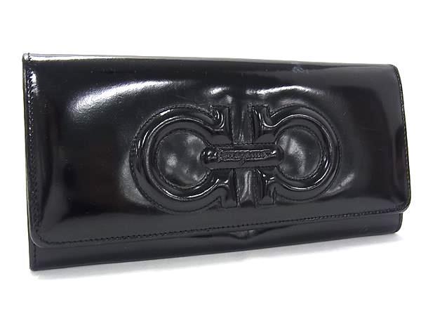 1円 Salvatore Ferragamo フェラガモ ダブルガンチーニ パテントレザー 長財布 ウォレット 小銭入れ 札入れ カード入れ ブラック系 FN7894拍卖