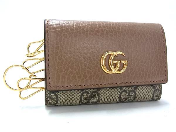 1円 ■美品■ GUCCI グッチ GG柄 GGマーモント コーティングキャンバス×レザー 6連 キーケース ブラウン系×グレー系 FN7952拍卖