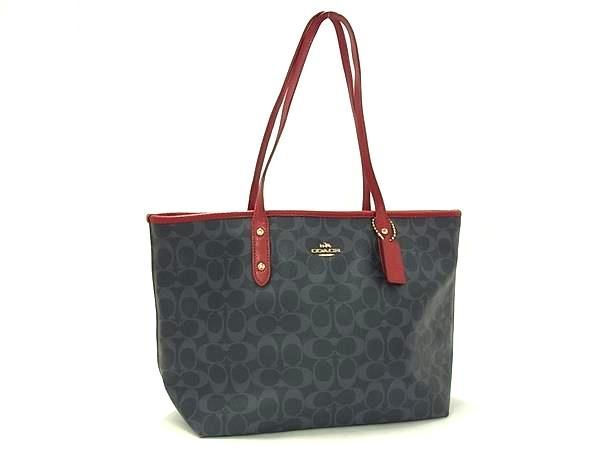 1円 ■美品■ COACH コーチ F37475 シグネチャー PVC×レザー ハンドバッグ トート ショルダー 肩掛け レディース ネイビー系 FV3385拍卖