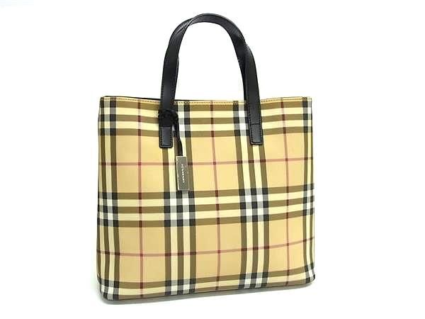 1円 BURBERRY バーバリー ノバチェック PVC×レザー ハンドバッグ トートバッグ レディース ベージュ系×ブラック系 FU4756拍卖