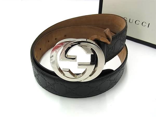 1円 ■美品■ GUCCI グッチ インターロッキングG GG柄 グッチシマ レザー シルバー金具 ベルト メンズ ブラック系 FV3682拍卖