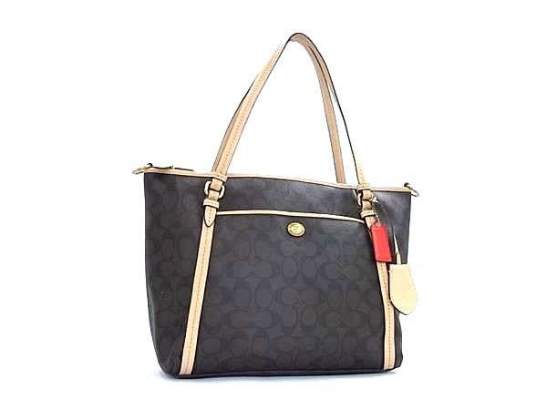 1円 COACH コーチ F26136 シグネチャー PVC×レザー トートバッグ ショルダー ハンドバッグ 肩掛けかばん ブラウン系×ベージュ系 BP5608拍卖