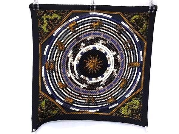 1円 ■極美品■ HERMES エルメス DIES ET HORE【占星術 カレプリセ プリーツカレ シルク100% スカーフ ブラック系×マルチカラー FN7783拍卖