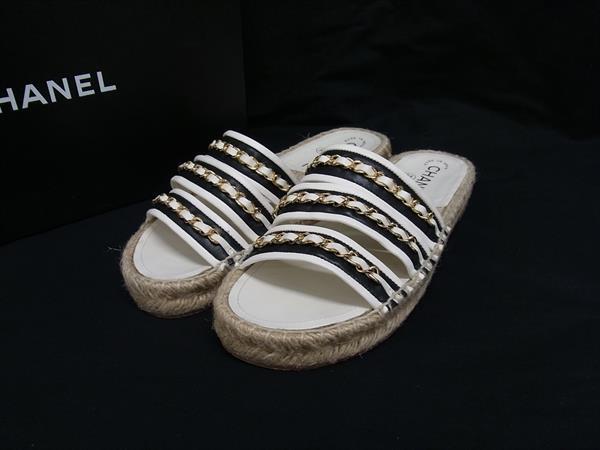 1円 CHANEL シャネル レザー エスパドリーユ サンダル 表記サイズ 37C (約24cm) 靴 レディース ホワイト系×ブラック系 FR6546拍卖