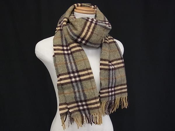 Burberrys バーバリーズ ノバチェック ラムウール100% マフラー ストール 防寒具 メンズ レディース カーキ系×ブラウン系 DH1134拍卖