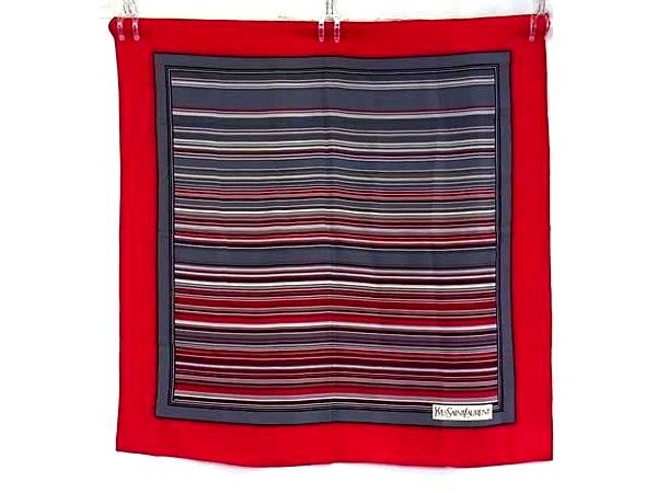 YVESSAINTLAURENT イヴサンローラン ストライプ スカーフ ショール ストール レッド系×グレー系 DJ5423拍卖