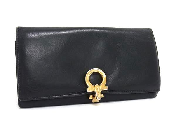 Salvatore Ferragamo フェラガモ 224008 ガンチーニ レザー 二つ折り 長財布 ウォレット ブラック系 DK5679拍卖