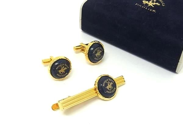 ■美品■ BEVERLYHILLS POLO CLUB ビバリーヒルズ ポロクラブ カフスボタン タイピン 2点セット ネイビー系×ゴールド系 DK3708拍卖