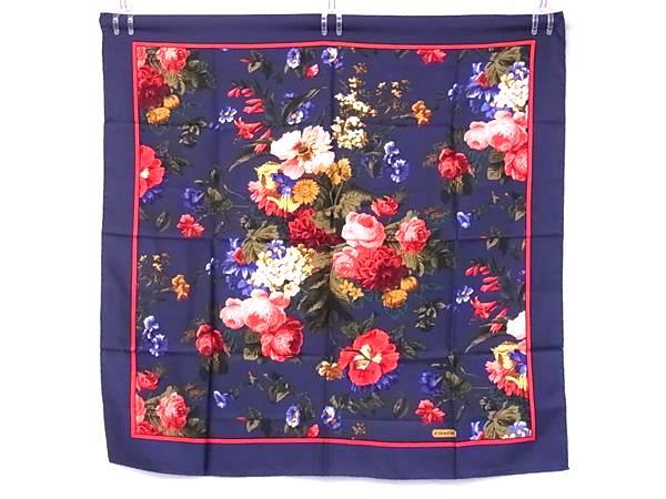 ■美品■ COACH コーチ シルク100% フラワー 花柄 スカーフ ストール ショール レディース ネイビー系×マルチカラー DH9734拍卖