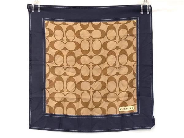 ■美品■ COACH コーチ シグネチャー シルク100% スカーフ ストール ショール レディース ブラウン系×ネイビー系 DI0643拍卖