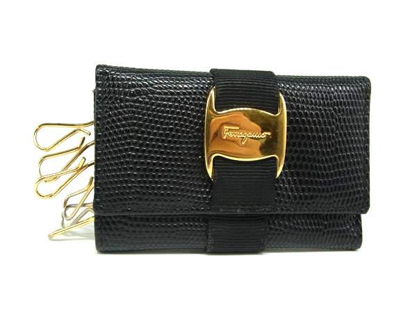 ■美品■ Salvatore Ferragamo フェラガモ ヴァラ リザード型押しレザー 6連 キーケース 鍵入れ レディース ブラック系 DJ3592拍卖