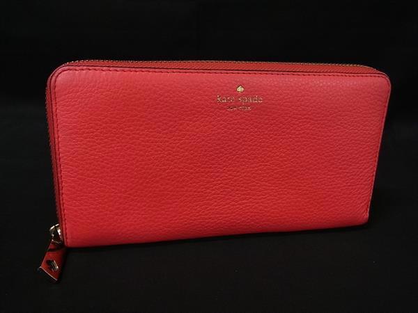 ■美品■ kate spade ケイトスペード WLRU2264 レザー ラウンドファスナー 長財布 ウォレット 小銭入れ 札入れ ピンクレッド系 DK6526拍卖