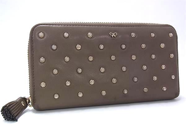 ANYA HINDMARCH アニヤハインドマーチ レザー リボン スタッズ ラウンドファスナー 長財布 ウォレット 小銭入れ グレージュ系 DK3022拍卖