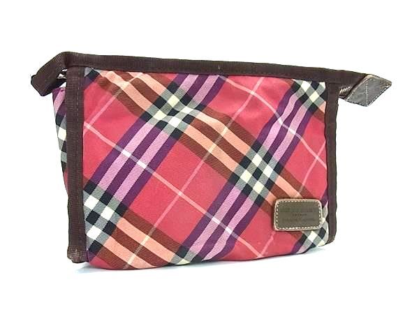 BURBERRY バーバリー ナイロン×レザー チェック柄 メイクポーチ マルチポーチ マルチケース レッド系×マルチカラー DK7015拍卖