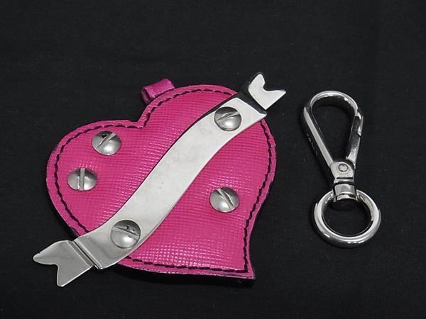 PRADA プラダ サフィアーノレザー ハート ストラップ キーリング キーホルダー チャーム レディース ピンク系×シルバー系 DK6061拍卖