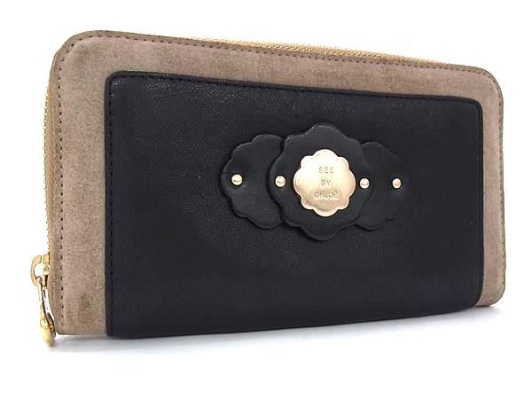 SeeByChloe シーバイクロエ スエード×レザー ラウンドファスナー 長財布 ウォレット 小銭入れ 札入れ ベージュ系×ブラック系 DK3034拍卖