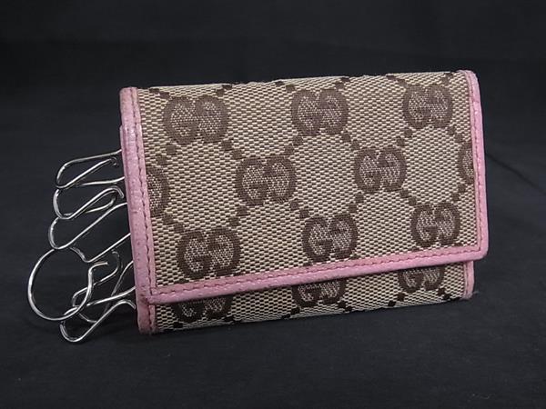GUCCI グッチ GG柄 キャンバス×レザー 6連 キーケース 鍵入れ レディース ブラウン系×ピンク系 DK7485拍卖