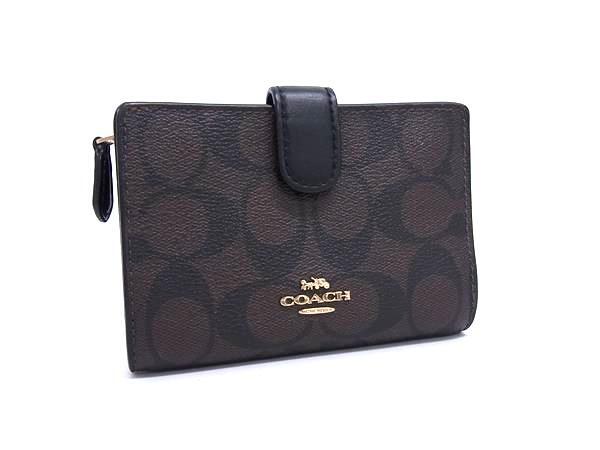 ■美品■ COACH コーチ F23553 シグネチャー PVC×レザー 二つ折り 財布 ウォレット 小銭入れ 札入れ ブラウン系×ブラック系 DI7085拍卖