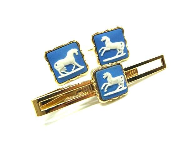 ■美品■ WEDGWOOD ウェッジウッド ジャスパー カフスボタン カフリンクス タイクリップ 2点セット ゴールド系×ブルー系 DK4068拍卖