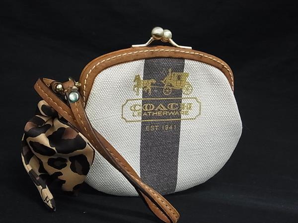 COACH コーチ キャンバス がま口 アクセサリーポーチ マルチケース 小物入れ レディース アイボリー系 DJ3485拍卖