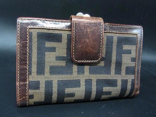FENDI フェンディ ヴィンテージ ズッカ柄 キャンバス×レザー がま口 二つ折り 財布 ウォレット 札入れ 小銭入れ ブラウン系 DI9291拍卖
