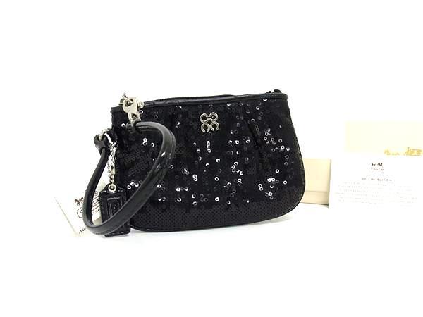 ■美品■ COACH コーチ オプアート スパンコール×パテントレザー ミニポーチ マルチケース 小物入れ レディース ブラック系 DK4138拍卖