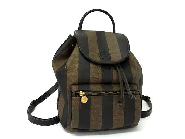 1円 FENDI フェンディ ヴィンテージ ペカン柄 PVC 巾着型 リュックサック バックパック デイパック レディース ブラウン系 BM9953拍卖