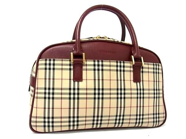 1円 ■美品■ BURBERRY バーバリー ノバチェック キャンバス×レザー トートバッグ ハンドバッグ ベージュ系×ボルドー系 BM9944拍卖